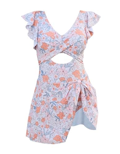 MFAVIP Women One Piece Swim Dress Tummy Control Swimsuits V Neck Ruffle Bathing Suit Cutout Wrap Side Tie Swimwear with Skirt - Thumbnail 5