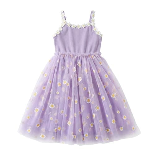 Sleeveless Daisy Tulle Dress Soft Purple Summer Sundress for Toddlers Kids Cute Floral Mesh Tutu for Vacation & Beach Wear,5-6 Years - Image 1