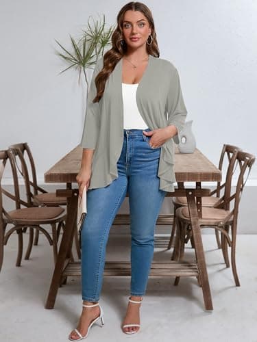 AusLook Women's Plus Size 3/4 Sleeve Lightweight Open Front Cardigan Light Gray 4X Draped Ruffles Causal Cover Ups Shrugs Tops Shawls and Wraps Kimono Jacket Coat - Thumbnail 4