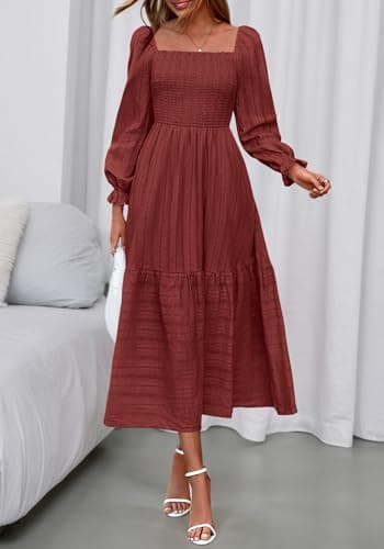 BTFBM Women Maxi Spring Dresses 2026 Long Sleeve Solid Color Square Neck Smocked Boho Long Wedding Guest Dress(Brown Red,XX-Large) - Thumbnail 4