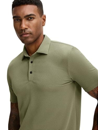 JEMLDL Men's Jacquard Polo Shirts Super Stretch Breathable Short Sleeve Performance Dry Fit Golf Shirts Olive XL - Thumbnail 3