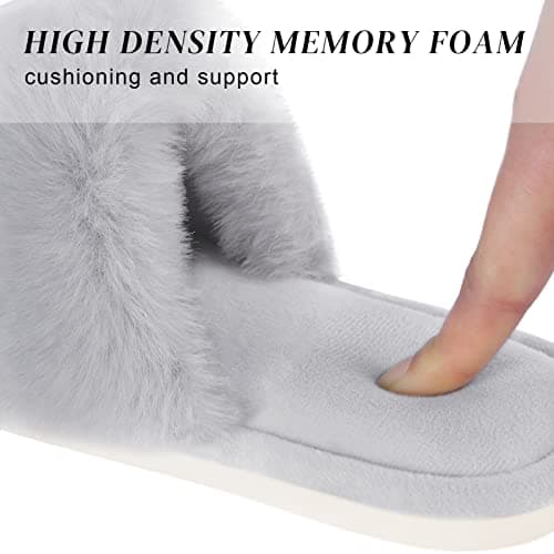 Parlovable Women's Faux Fur Slippers Fuzzy Flat Spa Fluffy Open Toe House Shoes Indoor Outdoor Slip on Memory Foam Slide Sandals Grey 9-10 - Thumbnail 5