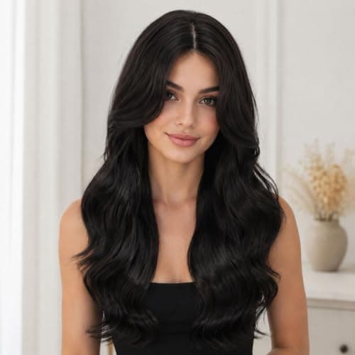 Barbique Long Wavy Synthetic Wig 24 Inch Natural Black, Body Wave Lace Front Wig with Middle Part, Heat Resistant Fiber for Women, Natural Looking Full Volume Hair for Daily Wear Party Wedding