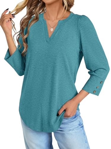 NORACORA Blouses for Women Dressy Casual 3/4 Length Sleeve Womens Tops V Neck T Shirts with Smocked Cuffs with Buttons Spring Summer Outfits Cyan XL - Thumbnail 2