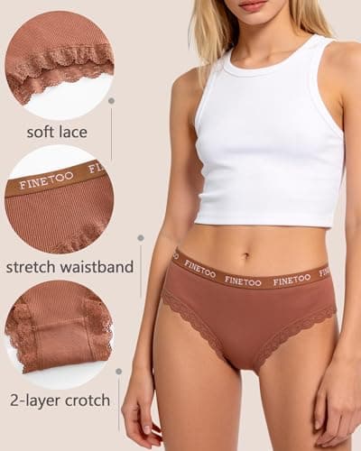 FINETOO Cotton underwear for women Cheeky Bikini Panties Low Rise Soft Lace Hipster Sexy Panty for Dailywear 6 Pack - Thumbnail 6