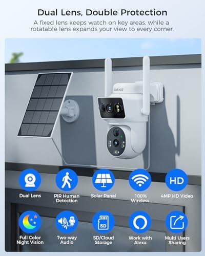 GAIEXCE Solar Dual Lens Security Cameras Wireless Outdoor, Home Dual Lens Security Camera System, No Subscription, 2.4G & 5G WiFi 4MP Night Vision, 64G SD Local Recording Expandable to 10CH - Thumbnail 3