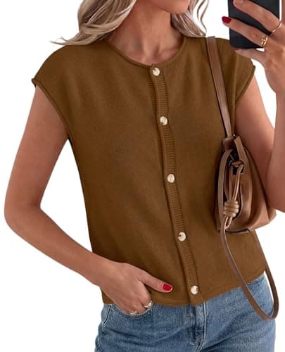 PRETTYGARDEN Sweater Vest Women 2026 Summer Spring Cap Short Sleeve Cardigan Lightweight Button Down Trendy Loose Tops (Khaki,Small) - Image 1