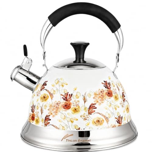 Tinlon Enamel Tea Kettle, 3.1QT Floral Whistling Tea Kettle for Stovetop