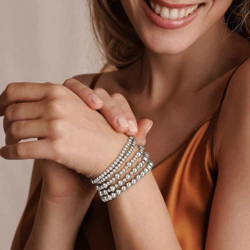 adoyi Silver Bracelets for Women, 14K Gold Plated Beaded Strand Bead Ball Bracelets stack Set Adjustable Set Trendy Non Tarnish Jewelry Sets for Gifts - Thumbnail 2