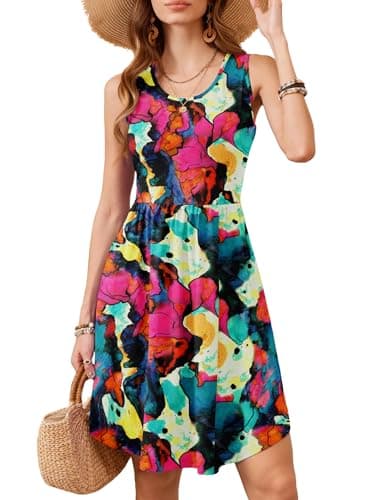 Moodclo Womens U-Neck Sundress Multicolored X-Large Summer Sleeveless Dress 2026 Casual Tank A-Line with Pockets Knee Length - Image 1