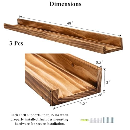 AZSKY Floating Picture Ledge Shelf | 48" Rustic Wood Wall Shelves Set of 3 | Photo Frame Display | Nursery Book Organizer for Bathroom, Bedroom, Living Room, Kitchen | Easy Install | Burnt Brown - Thumbnail 3