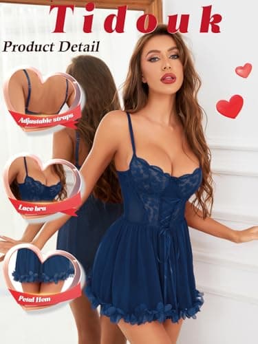 Tidouk Women's Lingerie Dress Sexy Lace baby Doll Lingerie Nightgown Push Up Lingerie with Garter(Navy Blue,Large) - Thumbnail 4