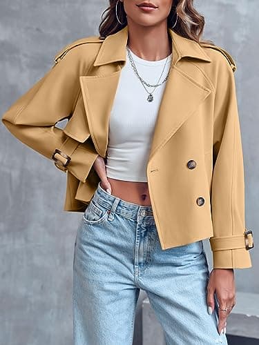 Saodimallsu Women Crop Double Breasted Trench Coat Raglan Sleeve Work Office Cropped Jacket With Pockets - Thumbnail 2