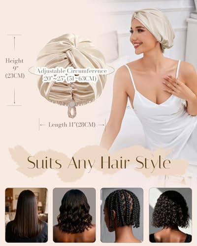 HFRHTGY Adjustable Silk Satin Hair Bonnet for Sleeping Women Hair Wrap, Double Layer Night Turban, Sleep Cap for Natural Curly Straight Unisex - Champagne - Thumbnail 6
