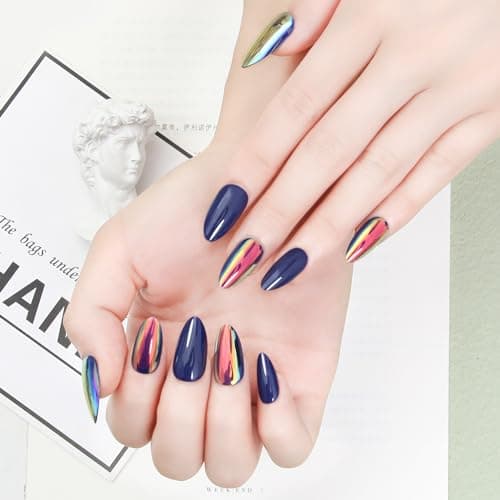 ZANVIA Acrylic Press On Nails Blue Almond - Nail Kit Iridescent Chrome Reusable Manicure for Women, 24 Nails in 12 Sizes with Glue, Adhesive Tabs, File, Prep Pad, Manicure Stick - Thumbnail 2