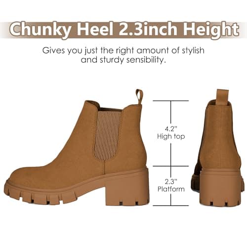 Athlefit Women's Chelsea Boots Fashion Lug Sole Chunky Heel Slip on Elastic Ankle Booties Brown Suede Size 10 - Thumbnail 3