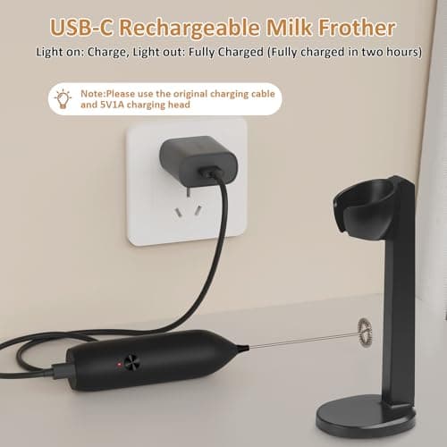 Rechargeable Milk Frother Handheld USB Type-C, Powerful Electric Foam Maker with Stand, Mini Drink Mixer for Coffee Latte, Cappuccino, Mocha, Macchiato, Frappe and Protein Powder - Thumbnail 3