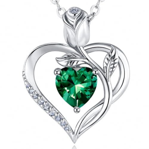 JACUPO Heart Birthstone Silver Necklace for Women(05 - Emerald)