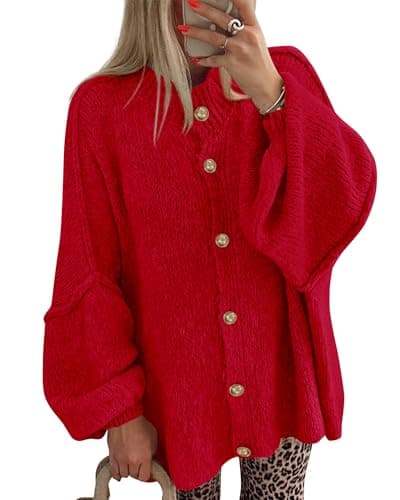 BTFBM Cardigan Sweaters for Women 2026 Fall Clothes Lantern Long Sleeve Button Open Front Chunky Knit Oversized Sweater(Red, Small) - Image 1