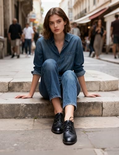 Yremael Women Black Oxfords Lace Up Pointed Toe Classic Business Formal Wingtip Brogue Dressy Shoes - Thumbnail 3