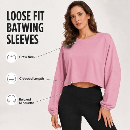 MATEAM Womens Cropped Sweatshirt Loose Fit Workout Tops - Crewneck Pullover Long Sleeve Casual Fashion Sweaters for Yoga Gym Fitness Pink XL - Thumbnail 5