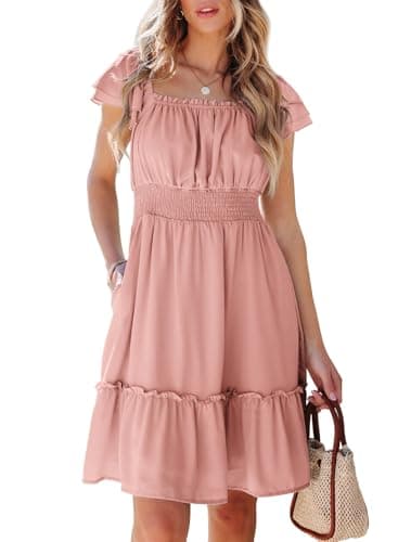 Dokotoo Wedding Guest Dresses for Women Square Neck Ruffle Short Sleeve Dress High Waist Backless Tiered Smocked Strappy Casual Short Smocked Tiered Ruffle Flowy Dresses Pink Medium - Image 1