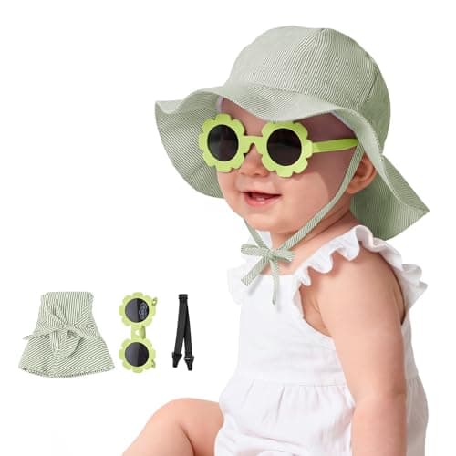 Durio UPF50+ Baby Sun Hat and Sunglasses - Sun Protection Hat for Boy Girl, Wide Brim Summer Beach Hats for Newborn Toddler Green 2-4T - Image 1