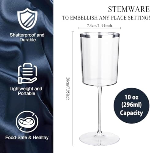 Ciaell 12 Pack Plastic Wine Glasses - 10 Oz Plastic Wine Glasses with Stem - Square Silver Disposable Stemmed Glass for Parties & Weddings & Outdoors - Thumbnail 4
