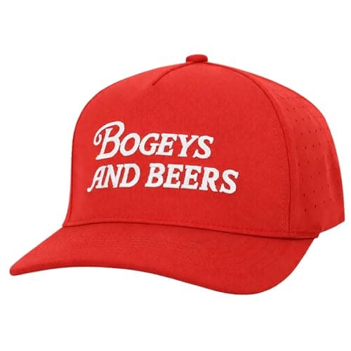 Bogeys and Beers Performance Golf Hat - Funny Golf Hat, Polyester/Spandex Blend, Adjustable Rope Snapback Cap - Breathable, Fitted for Men & Women - Red - Image 1