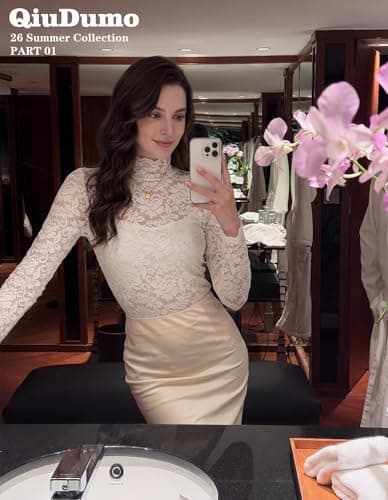 QiuDumo Womens 2 Set Mesh Long Sleeve Tops Lace See Through Sexy Crew Neck Eyelet Shirts Party Floral Club Dressy Blouse with Camisole Plus White XXXL - Thumbnail 2