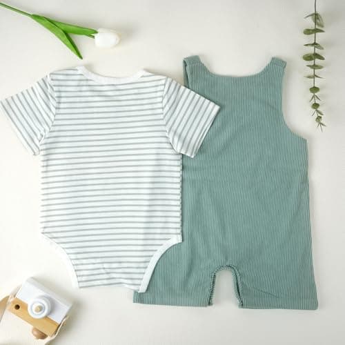 JiuBreeze Baby Boys Bodysuit Summer Clothes Set 2-pcs Striped Romper & Overalls Shorts Set Jumpsuit 0-12Months (Green, 9-12M) - Thumbnail 2