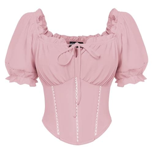 Scarlet Darkness Vintage Corset Tops for Women Renaissance Blouse Off Shoulder Puff Sleeves Top Light Pink XL - Image 1