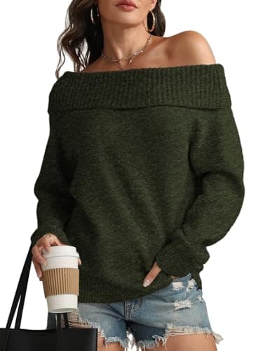 ATHMILE Green Off the Shoulder Sweater Womens Oversized Spring Tops Batwing Sleeve Loose Pullover Fall Winter Outfits - Image 1