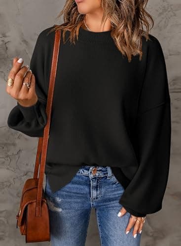 Dokotoo Oversized Sweaters for Women Crewneck Crop Ribbed Knit Tops Solid Color Patchwork Fall Winter Business Casual Pullover Sweater Trendy Black Large - Thumbnail 5