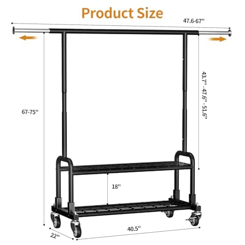 Luxspire Heavy Duty Clothes Rack, Clothing Rack Load 600 LBS, Rolling Clothes Racks for Hanging Clothes with Sturdy Wheels & 2 Tier Shelves, Adjustable Garment Rack for Bedroom, Laundry Room, Black - Thumbnail 5