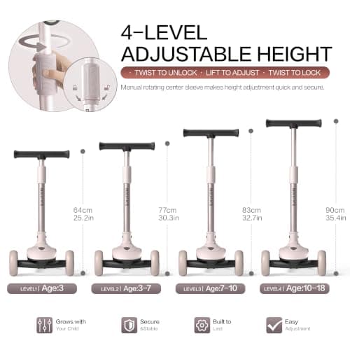 BEIESTATE 3 Wheel Scooter for Kids Ages 3-18, Up to 220 Lbs, Kids Scooter with Adjustable Lean-To-Steer Switch, Foldable, Lightweight, Wide Anti-Slip Deck, Adjustable Height Handlebar, Light-Up Wheels - Thumbnail 4