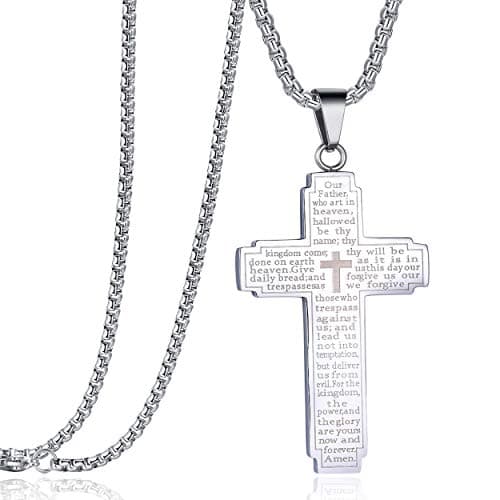Rehoboth Stainless Steel Our Father Lord's Prayer Cross Pendant Necklace for Women Men Chain 24 Inch Silver - Image 1