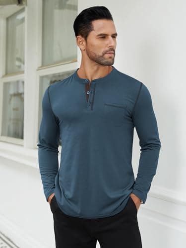 Hardaddy Men's Color Contrast Henley Shirt Long Sleeve Button T-Shirt Lightweight Henley Tshirt for Men Basic Pullover Shirt with Pocket Deep Blue XXL - Thumbnail 4