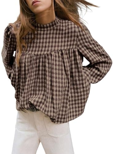 Astylish Women's Dressy Gingham Babydoll Tops Trendy Puff Sleeve Mock Neck Plaid Blouses Shirts Brown Plaid XX-Large - Image 1
