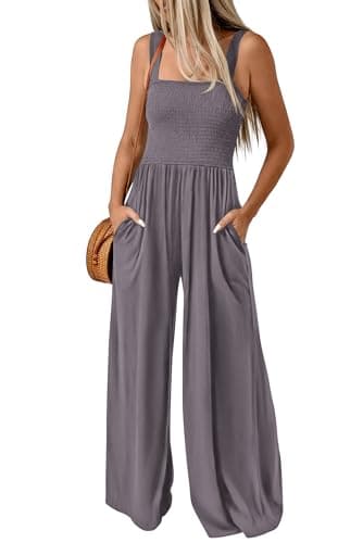 KIRUNDO Womens Jumpsuit 2026 Summer Casual Loose One Piece Overalls Smocked Sleeveless Wide Leg Rompers With Pockets(Grey, Medium) - Image 1