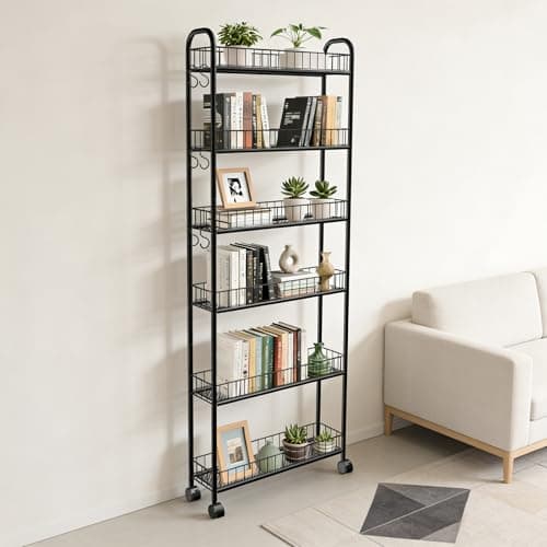 Seadasyoon 6in 6 Tier Slim Storage Cart with Wheels, Narrow Space Rolling Shelving Unit, Metal Wire Mobile Organizer Rack for Kitchen Bathroom Office Laundry - Thumbnail 3