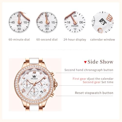 OLEVS Women's Rose Gold Watch Waterproof Ceramic Stainless Steel Band Luxury White Mother of Pearl Dial Chronograph Elegant Ladies Watches Quartz Diamond Accents Luminous Dress Watch Gift for Women - Thumbnail 5