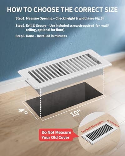 4x10 Floor Regsiter - 5 Pack Vent Covers for Home Floor Wall Ceiling - White with Screws for Easy Installation - Heavy Duty Steel Walkable Finish for Quiet Adjustable Airflow HVAC Register Grilles - Thumbnail 2