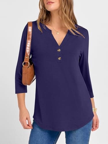 ANRABESS Women 3/4 Length Sleeve Henley Tops V Neck Business Casual Work T Shirts Cute Travel Shirt 2026 Spring Trendy Outfit Dark Blue Medium - Thumbnail 2