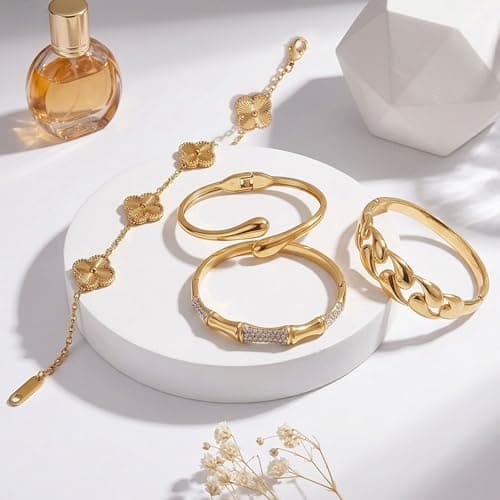 Stackable Gold Bracelets for Women - 4 Sets, 18K Gold Plated Bracelets, Stainless Steel Bangle Bracelets Non-Tarnish, Stylish Gold Jewelry Ensemble, Valentine's Day, Birthday and Christmas Jewelry Gifts - Thumbnail 6