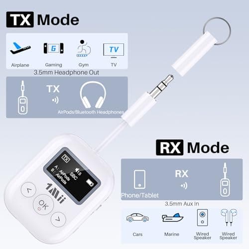 1Mii SafeFly Min+ Bluetooth Transmitter and Receiver,Bluetooth Adapter for Airplane, Supports to 2 AirPods/Headphones,Use with Any 3.5mm Jack on Airplanes, Gym, TVs, Car, Home, Boat(White) - Thumbnail 6