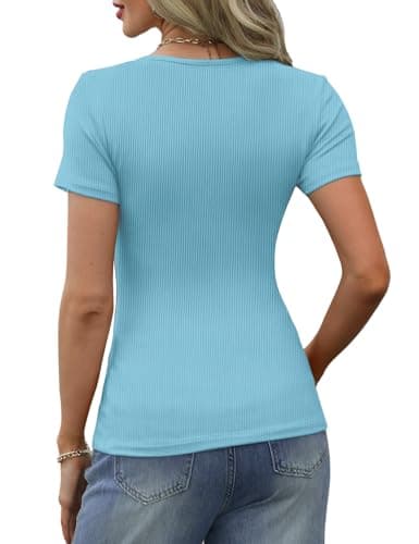 GKBK Summer Tops for Women 2025 Trendy Outfits Ribbed Short Sleeve T Shirts Fitted Tight Basic Tees Tshirts Dressy Casual Button Down Going Out Tops Light Blue S - Thumbnail 4