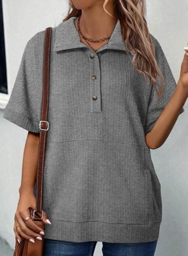Dokotoo Spring Summer Tops for Women 2025 Button Down Short Sleeve Shirts for Women Lapel V Neck Oversized Shirts Ladies Tops and Blouses Solid Tunic Tops for Women Loose Fit Dressy Grey Shirts M - Thumbnail 3