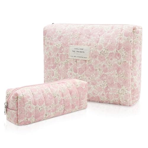 Gosect 2PC Makeup Bag Set, Cute Cosmetic Bag for Women Girls, Floral Coquette Aesthetic Toiletry Bag, Travel Make Up Organizer Bag (Pink Rose) - Image 1