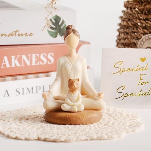 Vofstand Yoga Meditation Statue Gifts for Women - Mini Yoga Girl with Cat Dog Figurines Gift for Office Cute Relaxation Gifts for Yoga Lovers & Cat Dog Lover Resin Yoga Figurine Decor Table Ornament - Thumbnail 6